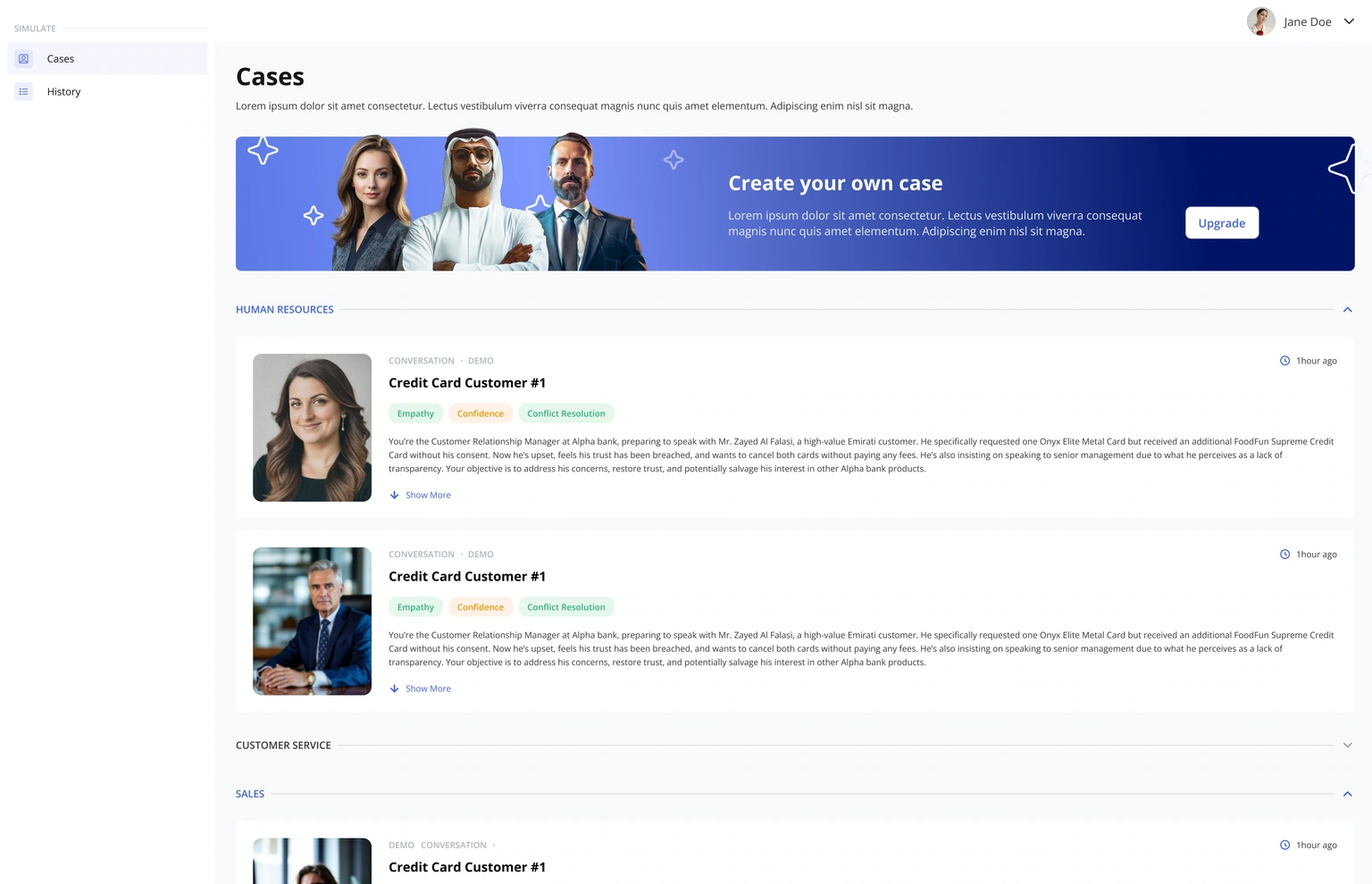 Scenario workspace — case records, personas, skills and status controls