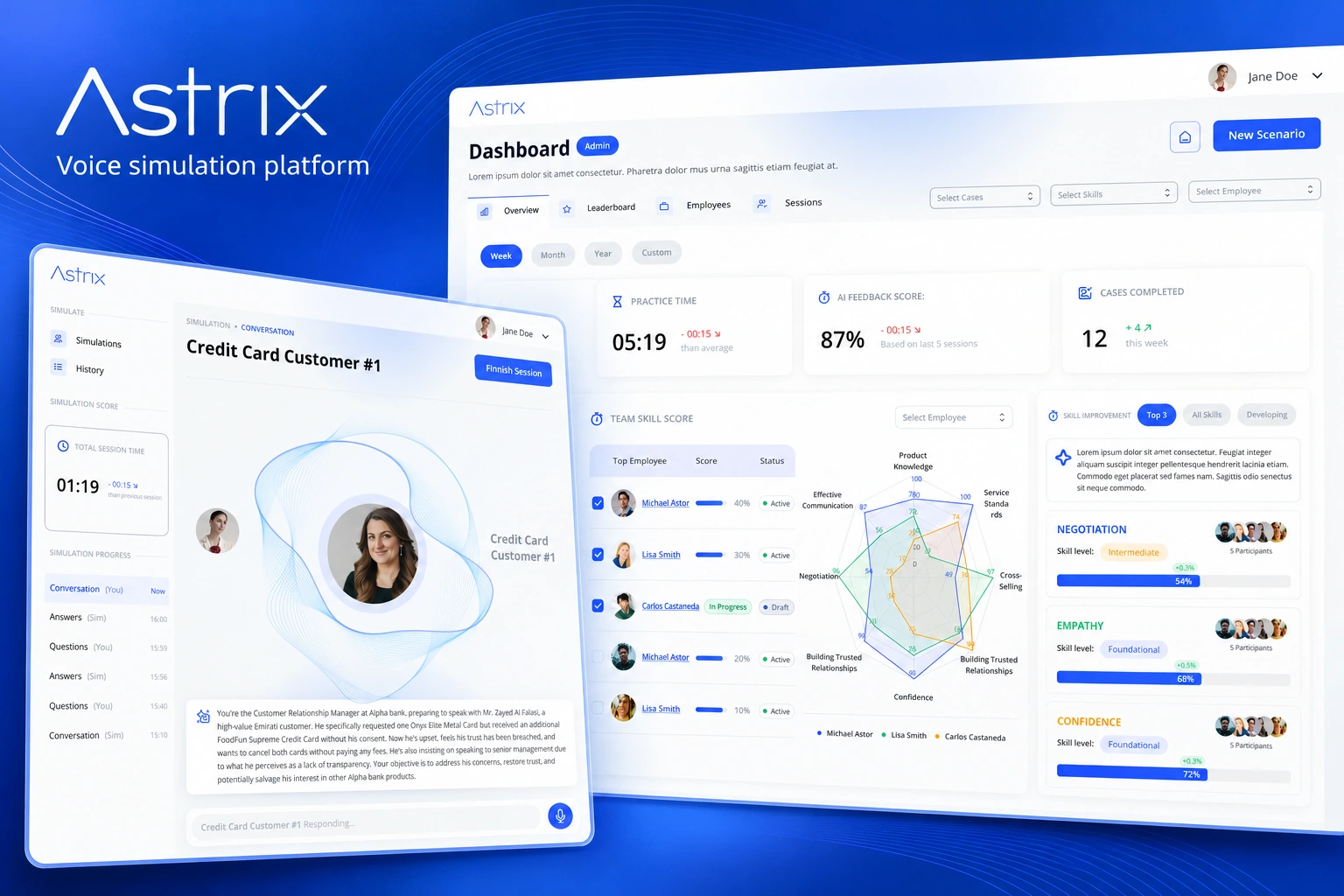 Astrix voice-practice workspace and team-skills dashboard on a cobalt-blue background