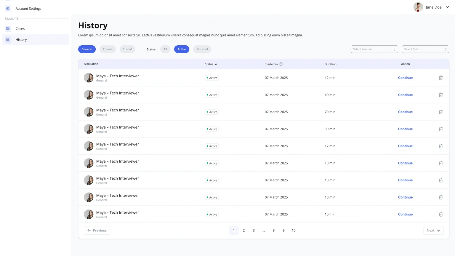 Session history — scenario records, status, duration and continuation actions
