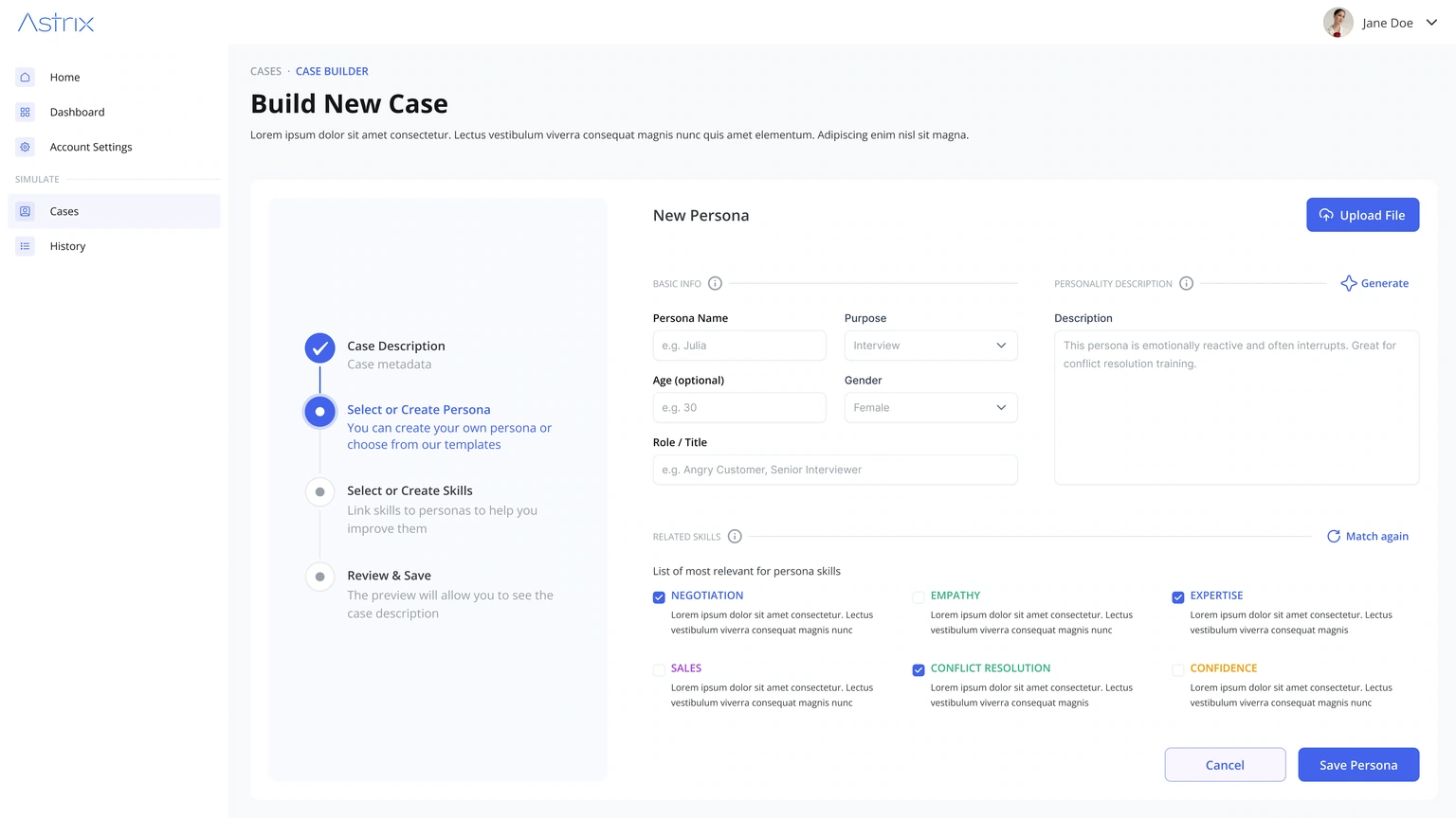Case builder — persona details, behaviour and related skills