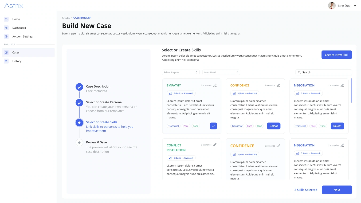 Case builder — selectable skill cards and setup progress