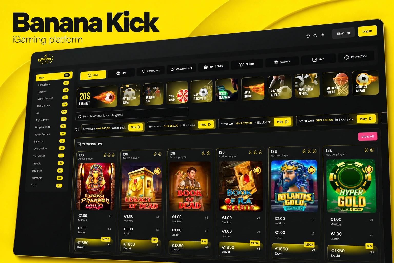 Banana Kick dark game catalogue and category navigation on a yellow background