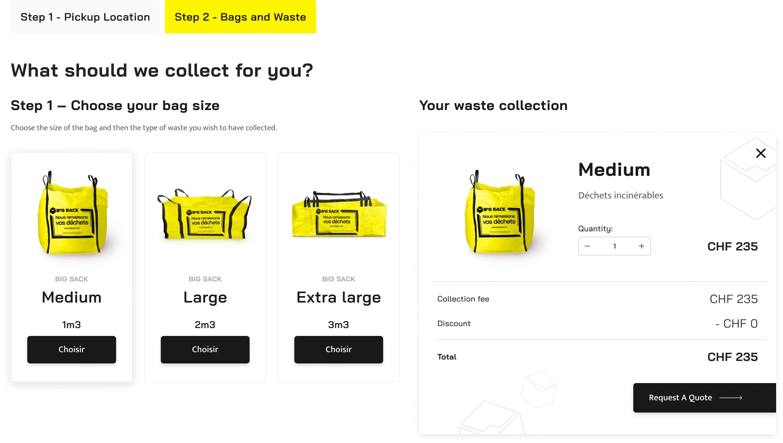 Collection quote — three bag sizes and a visible selection summary