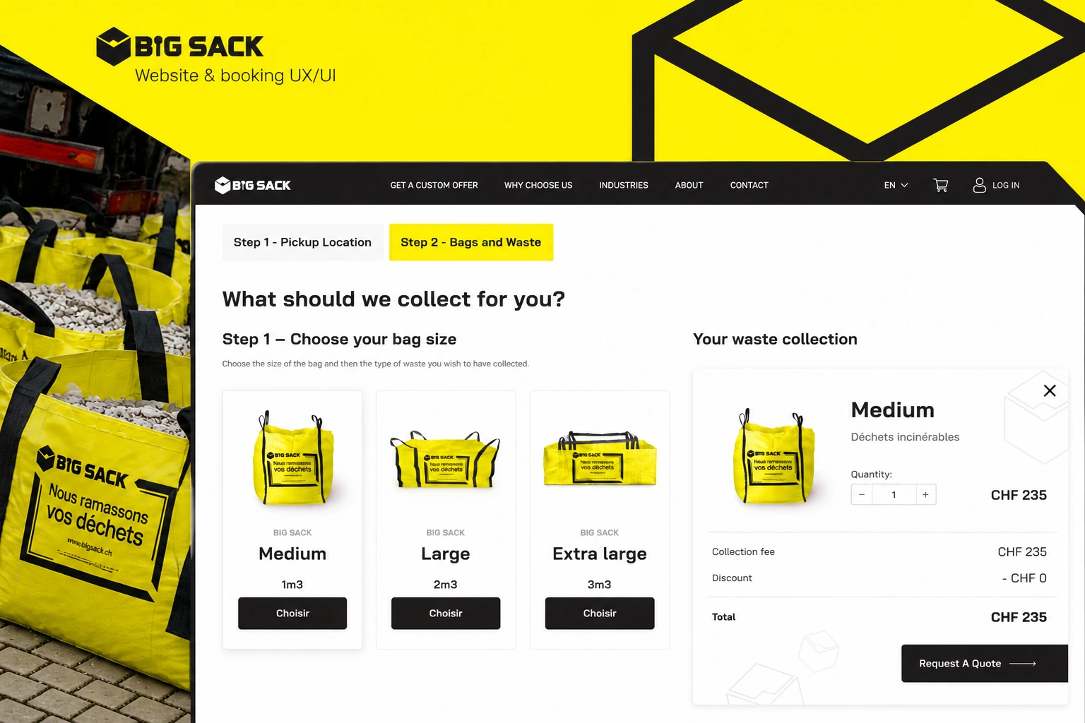 Big Sack — website and booking UX/UI, with a large bag-selection and quote interface framed by black-and-yellow brand geometry and genuine service photography