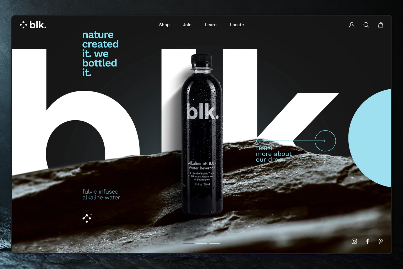 blk. product website with bold typography and mineral-water bottle
