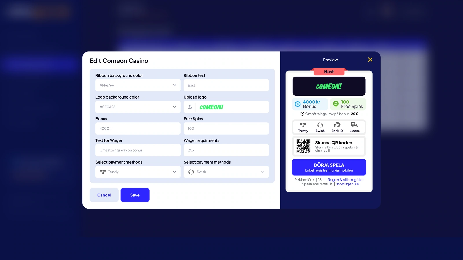 Offer editing — visual settings, bonus terms, payment-method choices and card preview