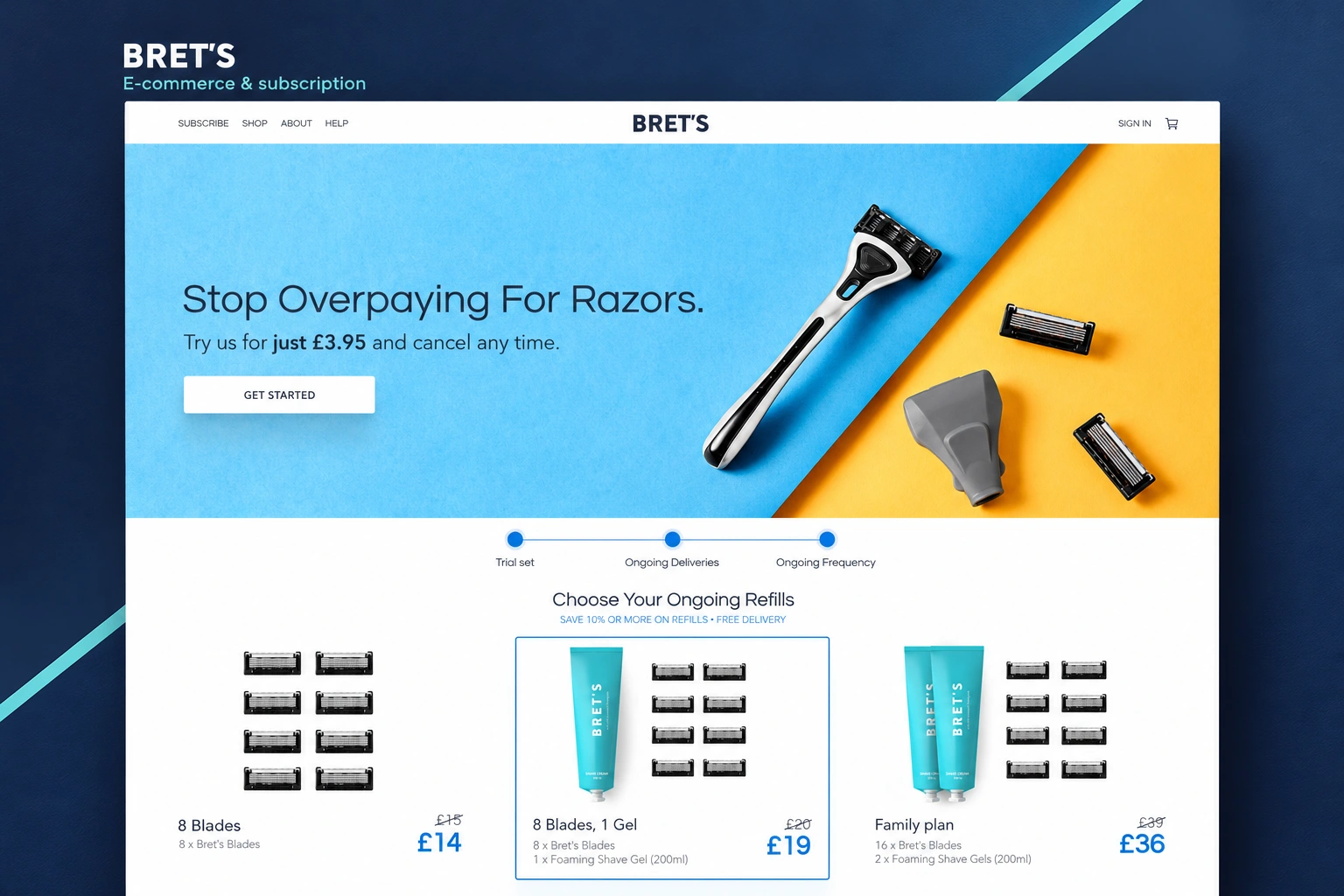 Bret’s — e-commerce and subscription website design, with a large blue-and-yellow homepage and a clear white refill-bundle selection strip in a navy-and-turquoise frame