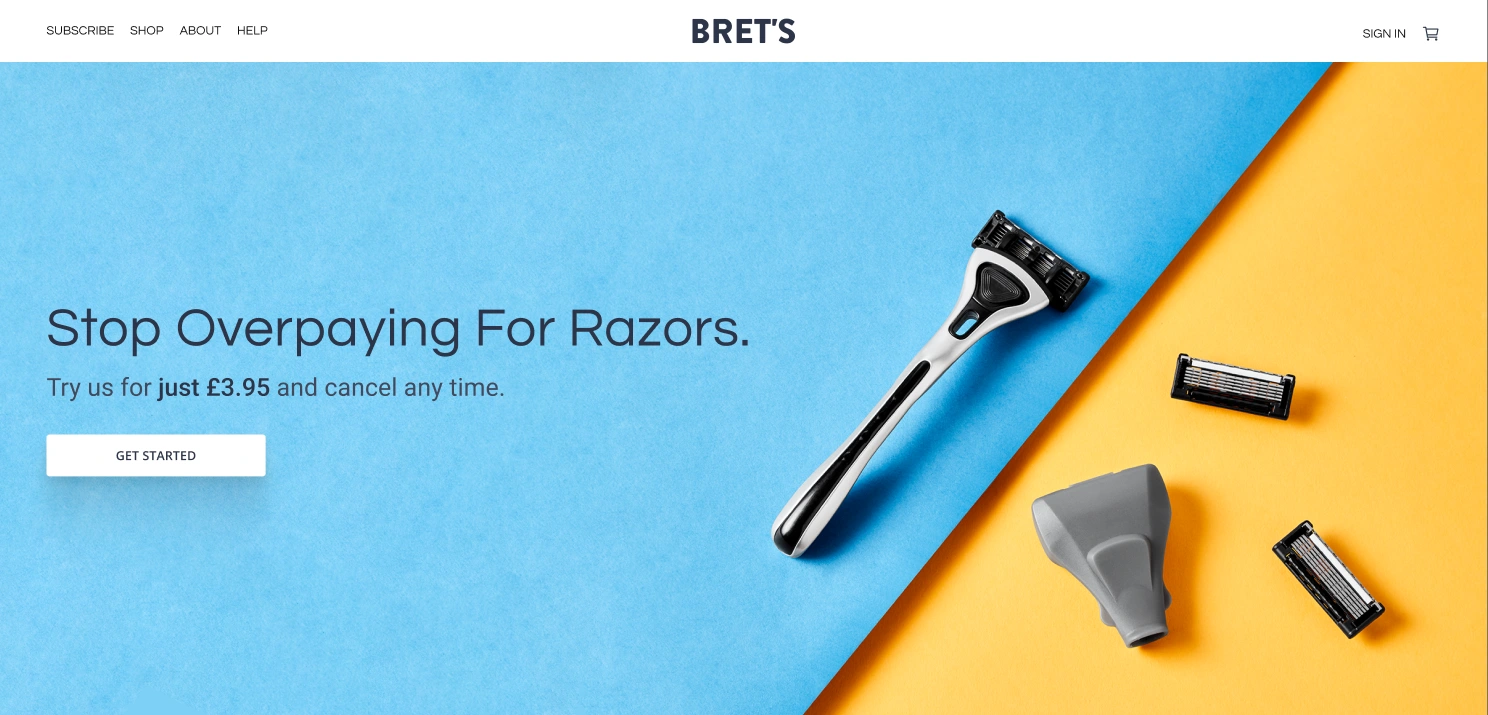 Homepage — a clear first action within blue-and-yellow product photography