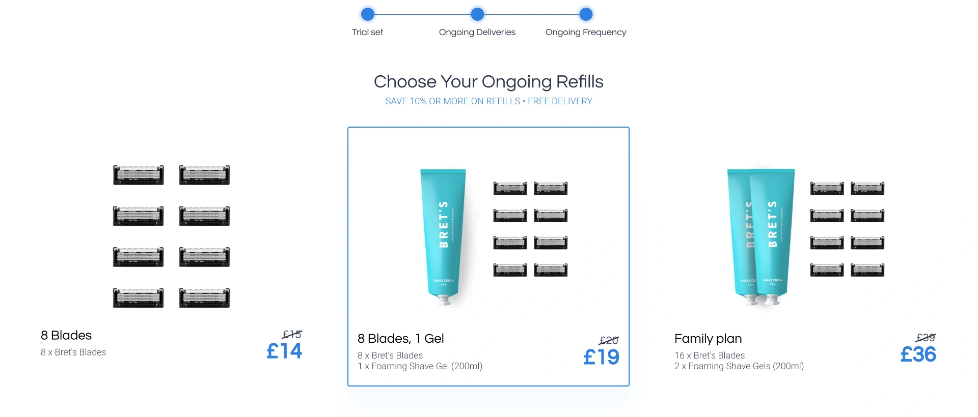 Refill bundles — product contents, quantities, prices and a clear selected state