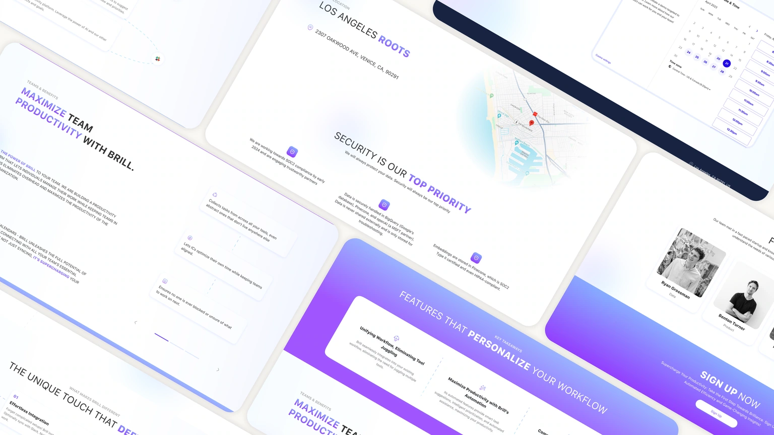 Website details — features, interface previews and calls to action