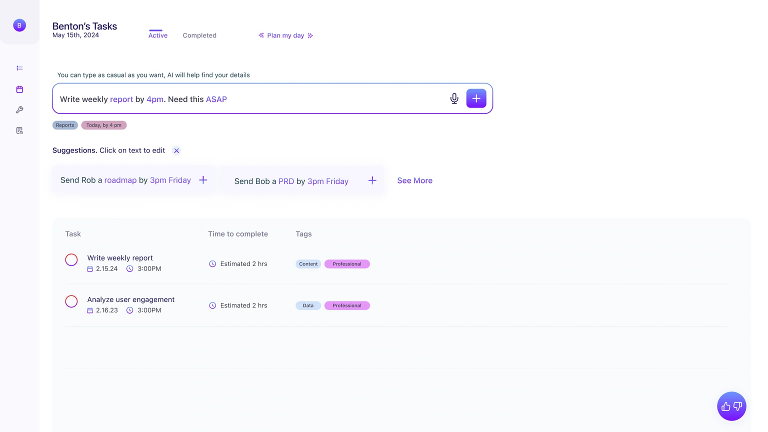 Tasks — suggestions, deadlines and tagged rows