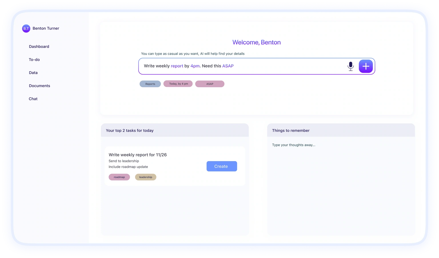 Workspace — task entry, a daily overview and supporting notes