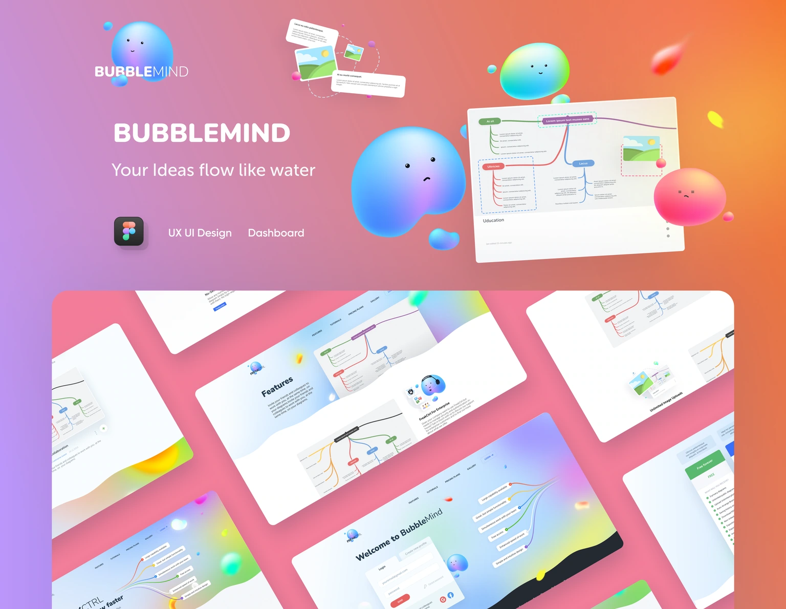 BubbleMind mind-mapping workspace, product website and colourful bubble characters