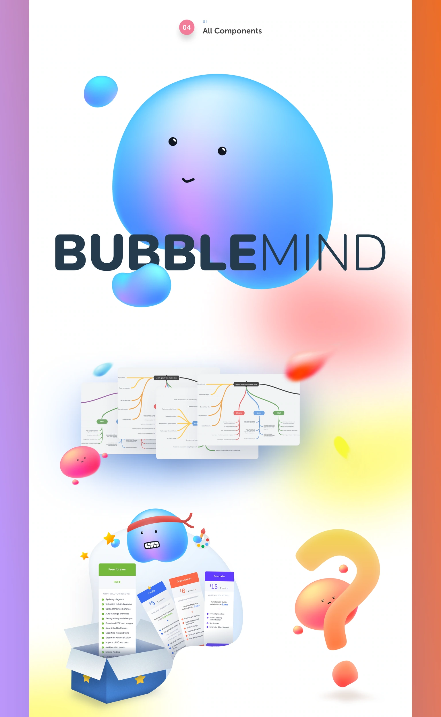 Visual identity — bubble character, wordmark, diagram and plan artwork