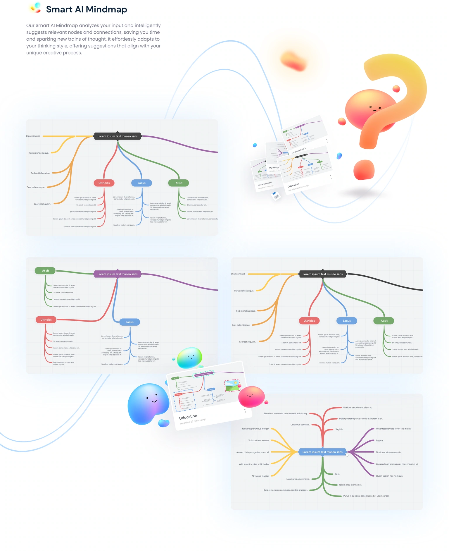 Mind-map presentation — branching structures, node colours and project cards