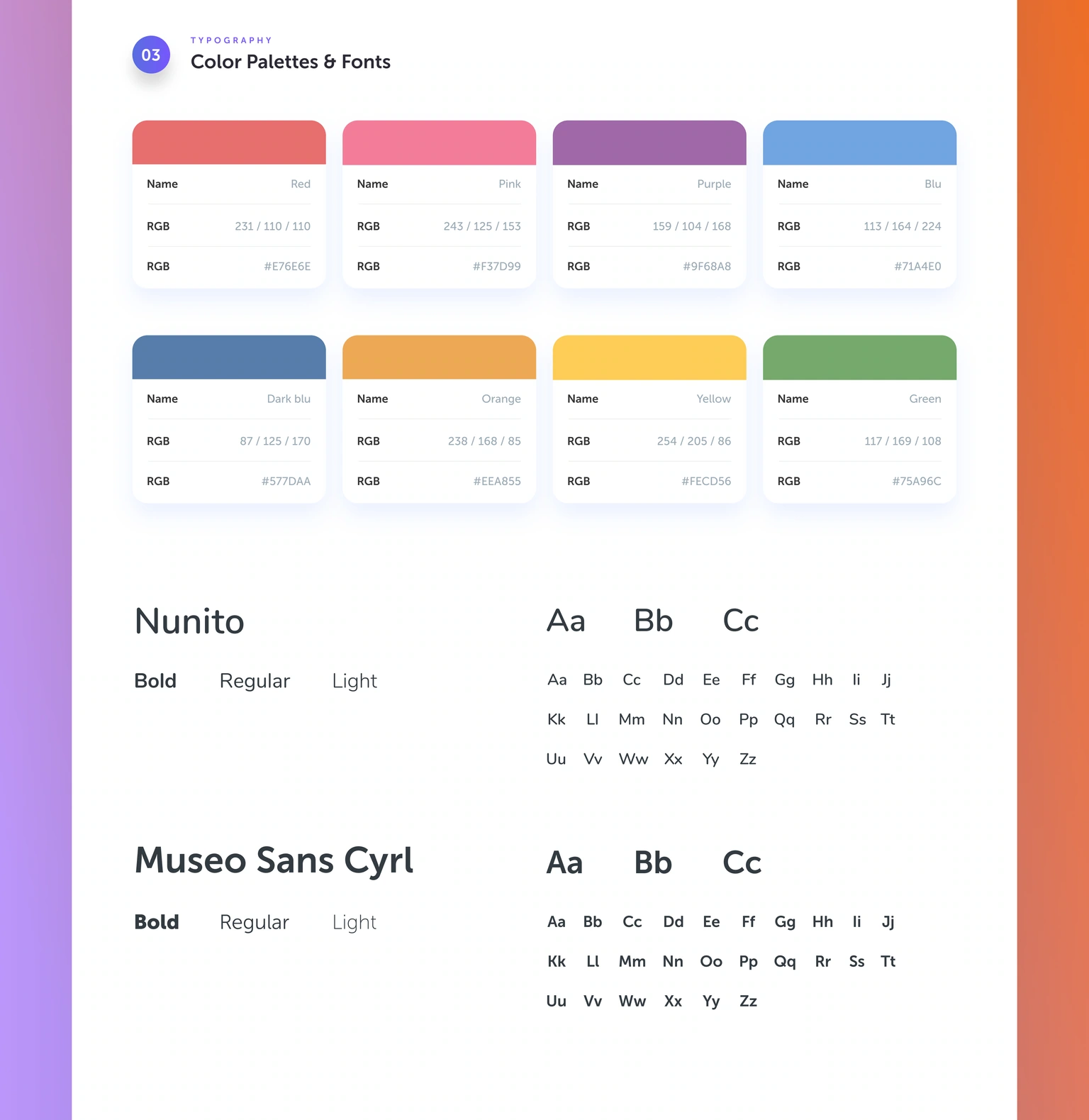 Visual system — colour palette, Nunito and Museo Sans Cyrl typography