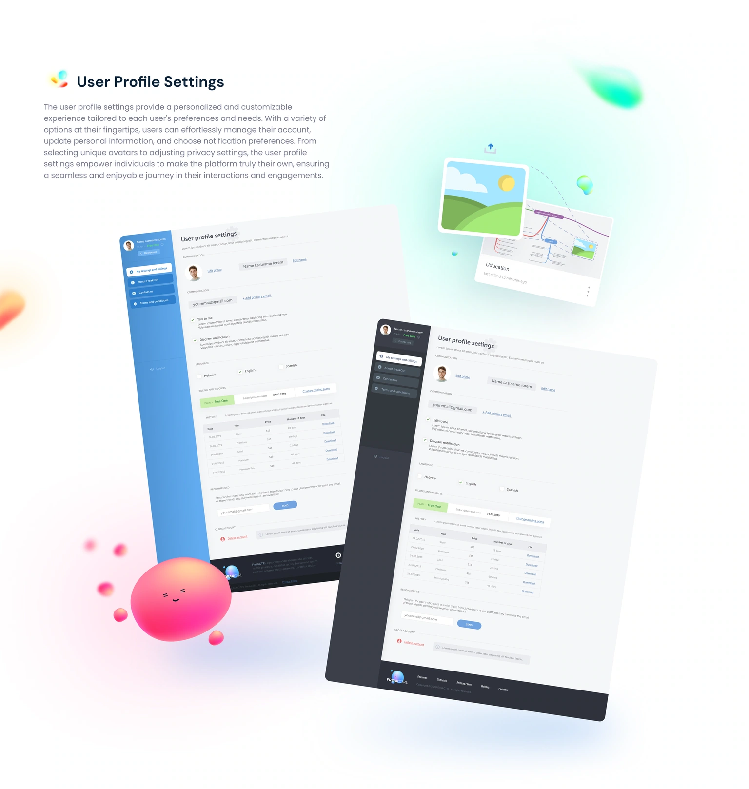 Profile settings — account details, notifications and billing-layout presentation
