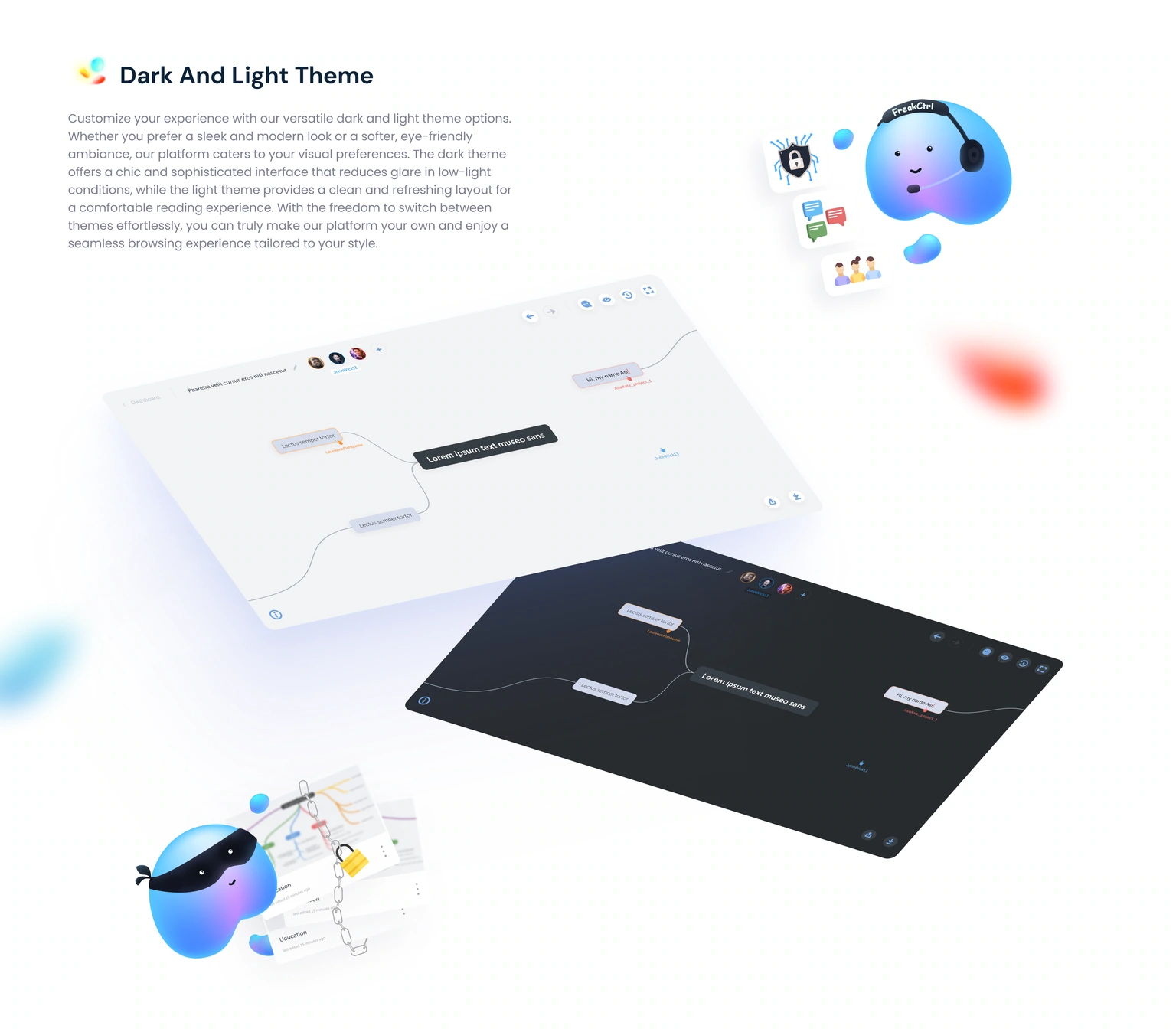 Workspace themes — light and dark mind-map interfaces