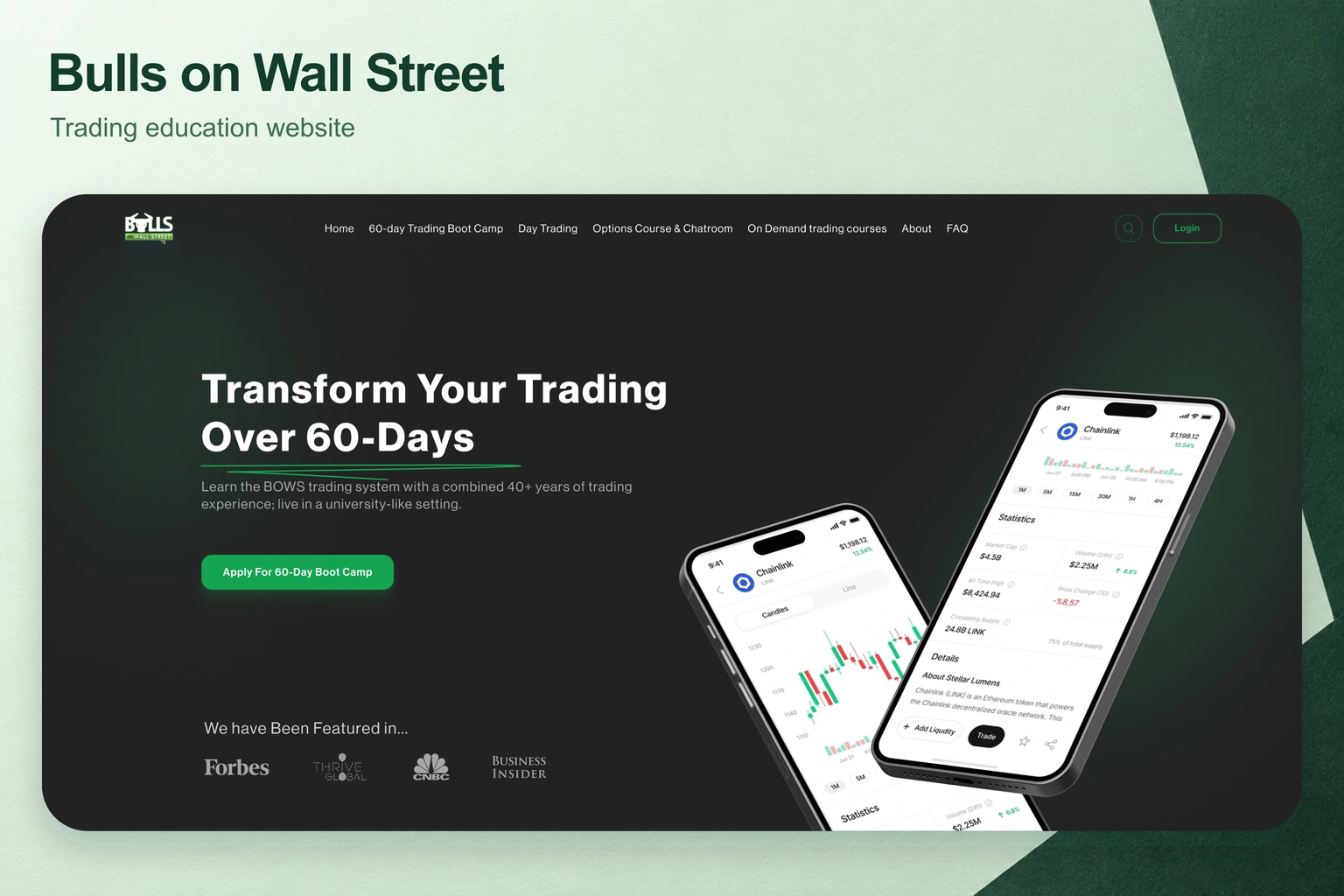 Bulls on Wall Street trading education homepage on a mint background