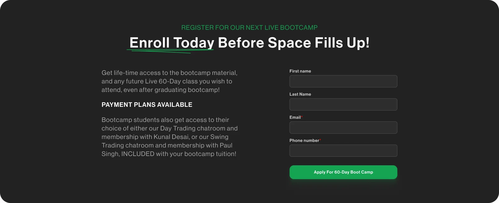 Boot camp application and contact form
