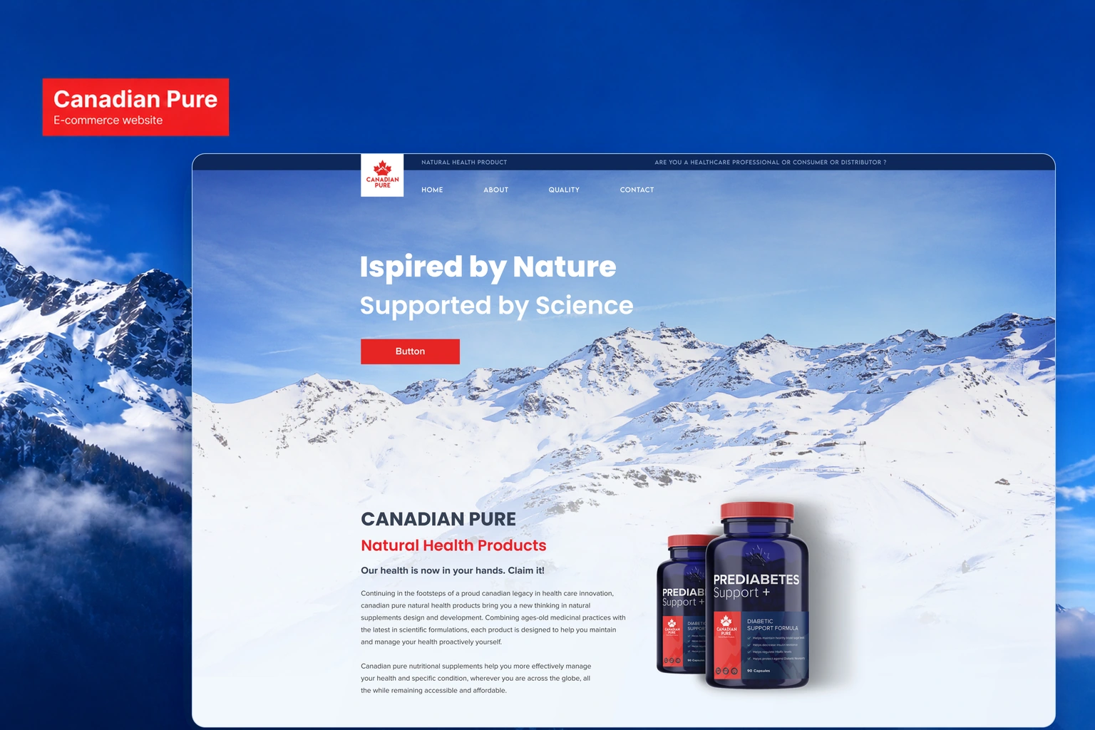 Canadian Pure health-product storefront against an alpine mountain backdrop