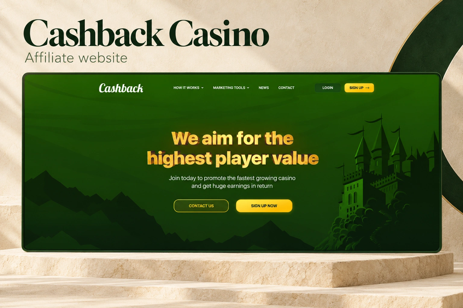 Cashback Casino — affiliate website, with a forest-green homepage and gold typography in a pale stone composition