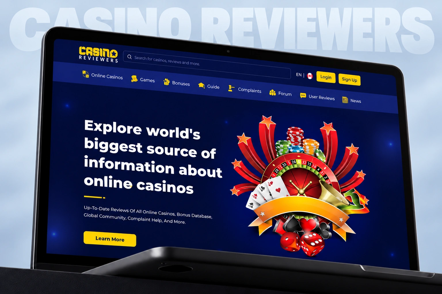 Casino Reviewers — illustrated review-platform homepage in a black device mockup on a light blue-grey background