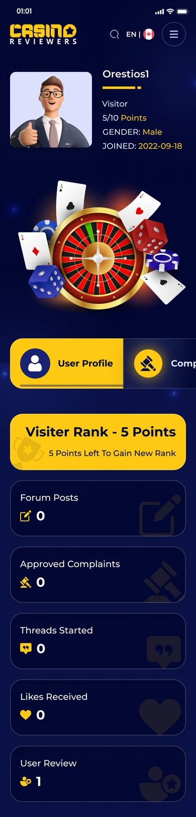 Mobile profile — activity summary and language preferences