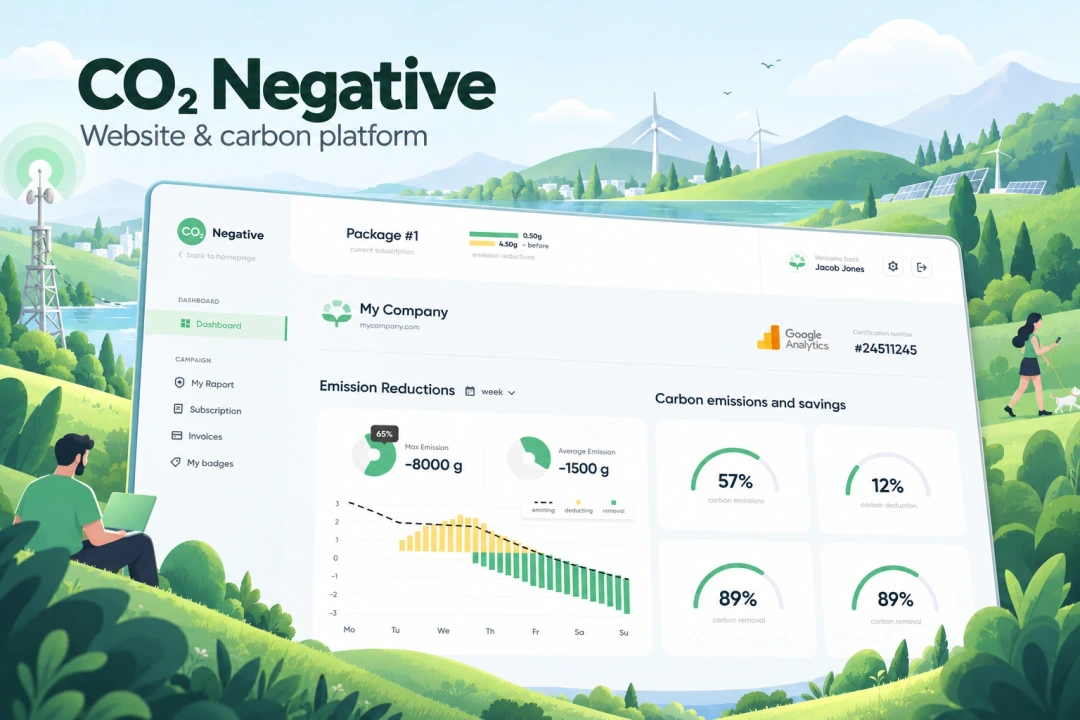 CO2 Negative — website and carbon-reporting platform, with a large emissions dashboard integrated into the project’s illustrated green landscape