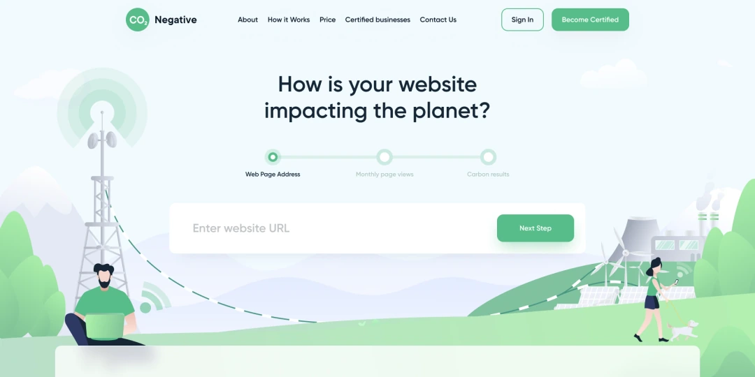 Website opening — three calculator stages within an illustrated environmental landscape
