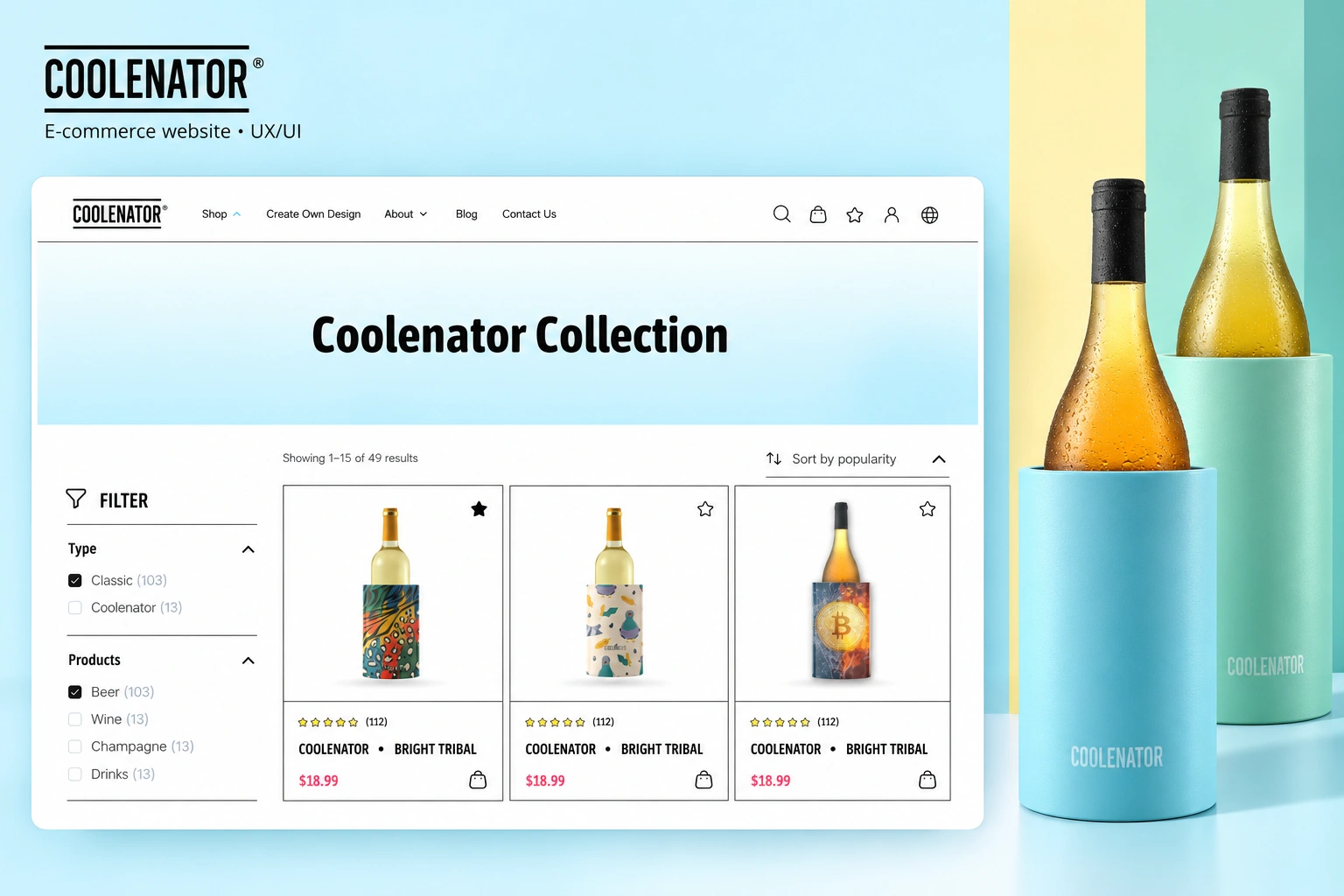 Coolenator — e-commerce website UX/UI, with a large product catalogue and pastel cooling products framed by the brand’s vertical colour lanes