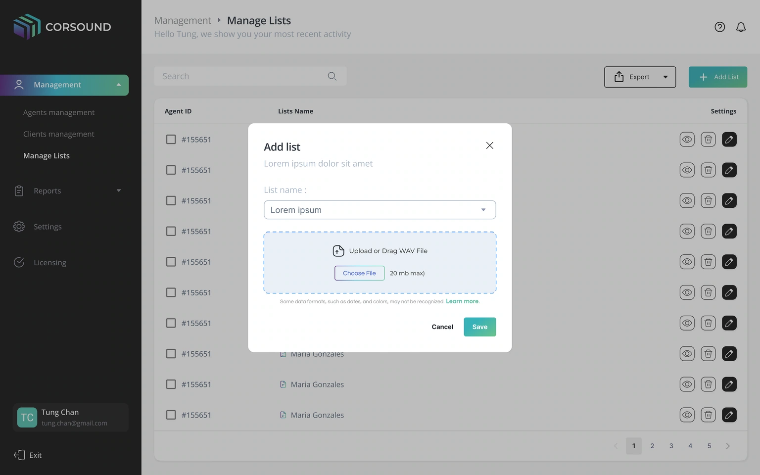 Add list — selection and WAV-file upload dialog