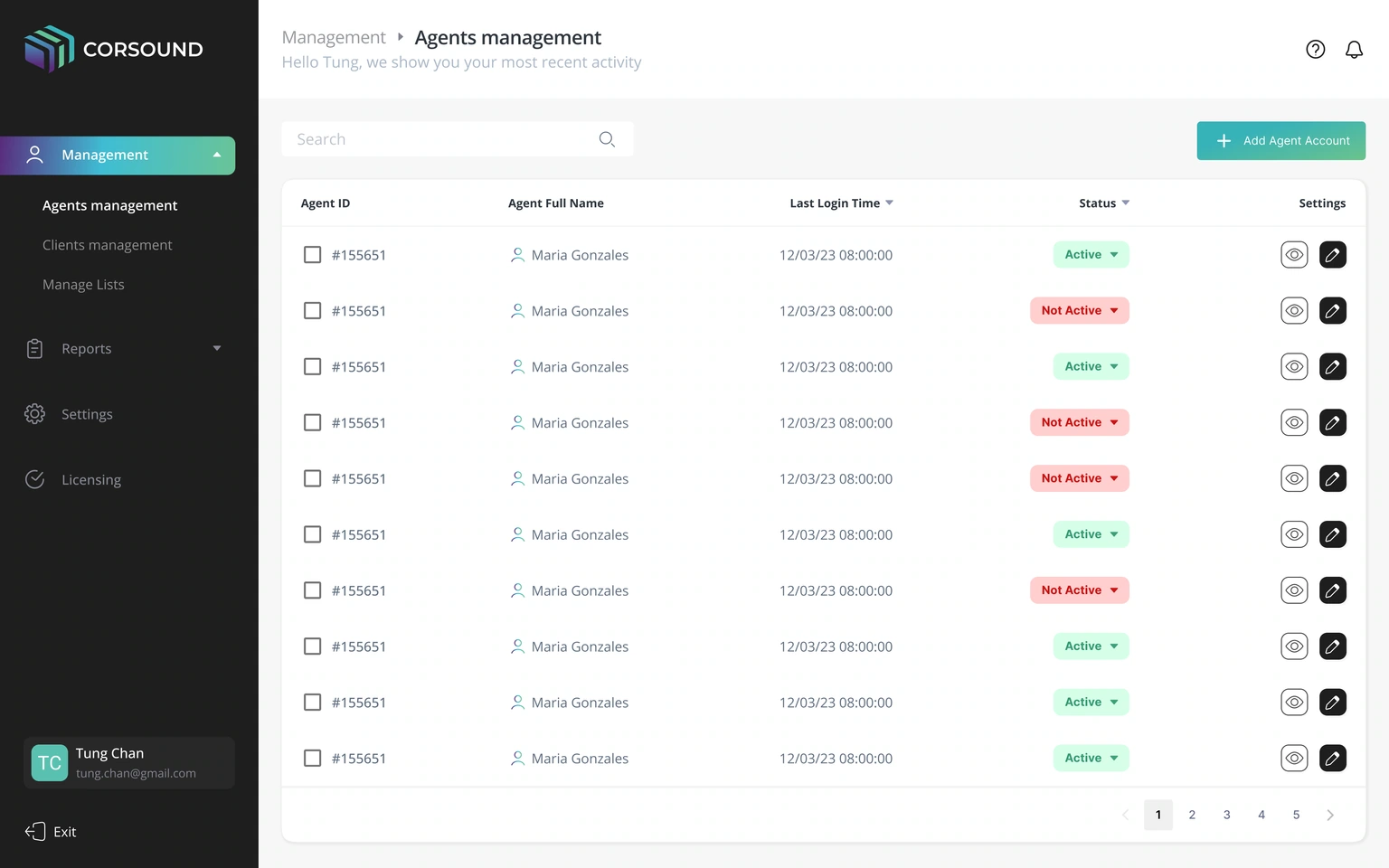 Agent management — account rows, last login and active states