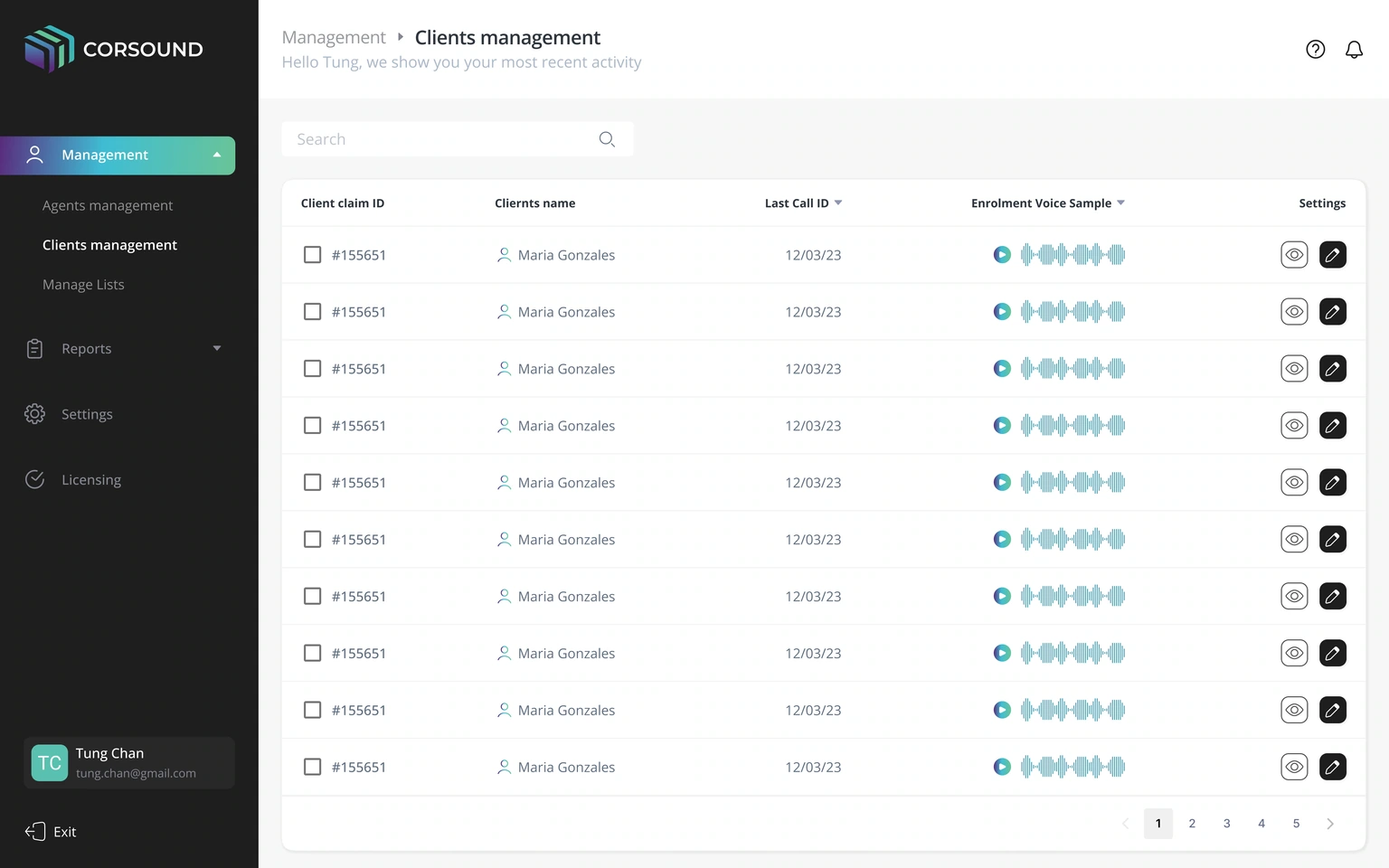 Client management — enrolment audio and record actions