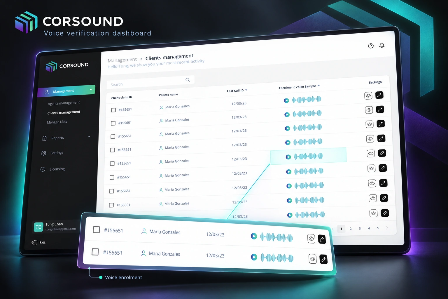 Corsound client-management dashboard and voice-enrolment controls on a graphite background