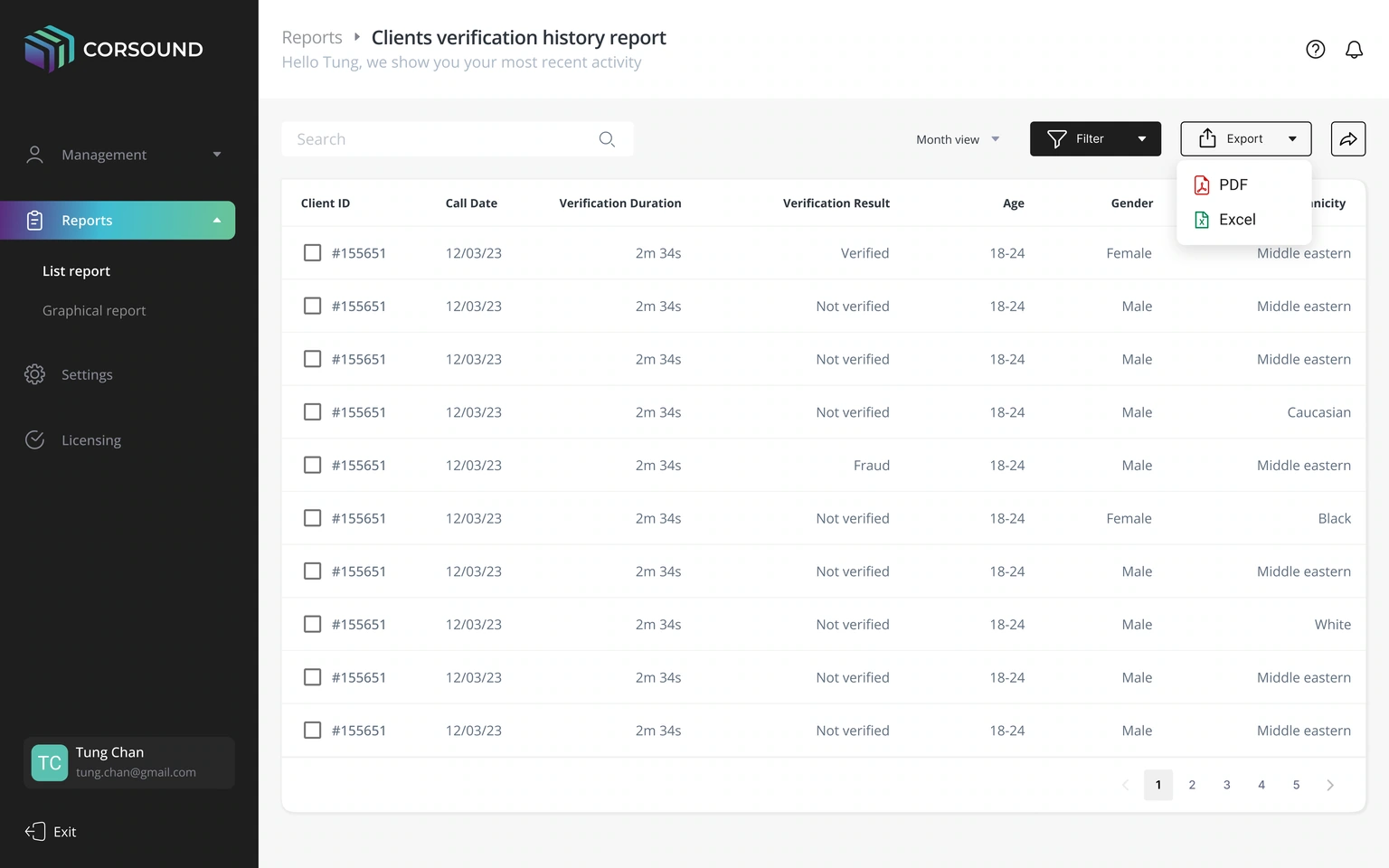 Verification history — records, result states and export menu