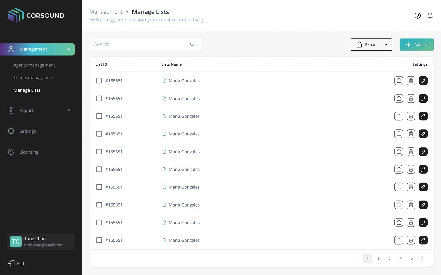 Manage lists — search, export and list actions