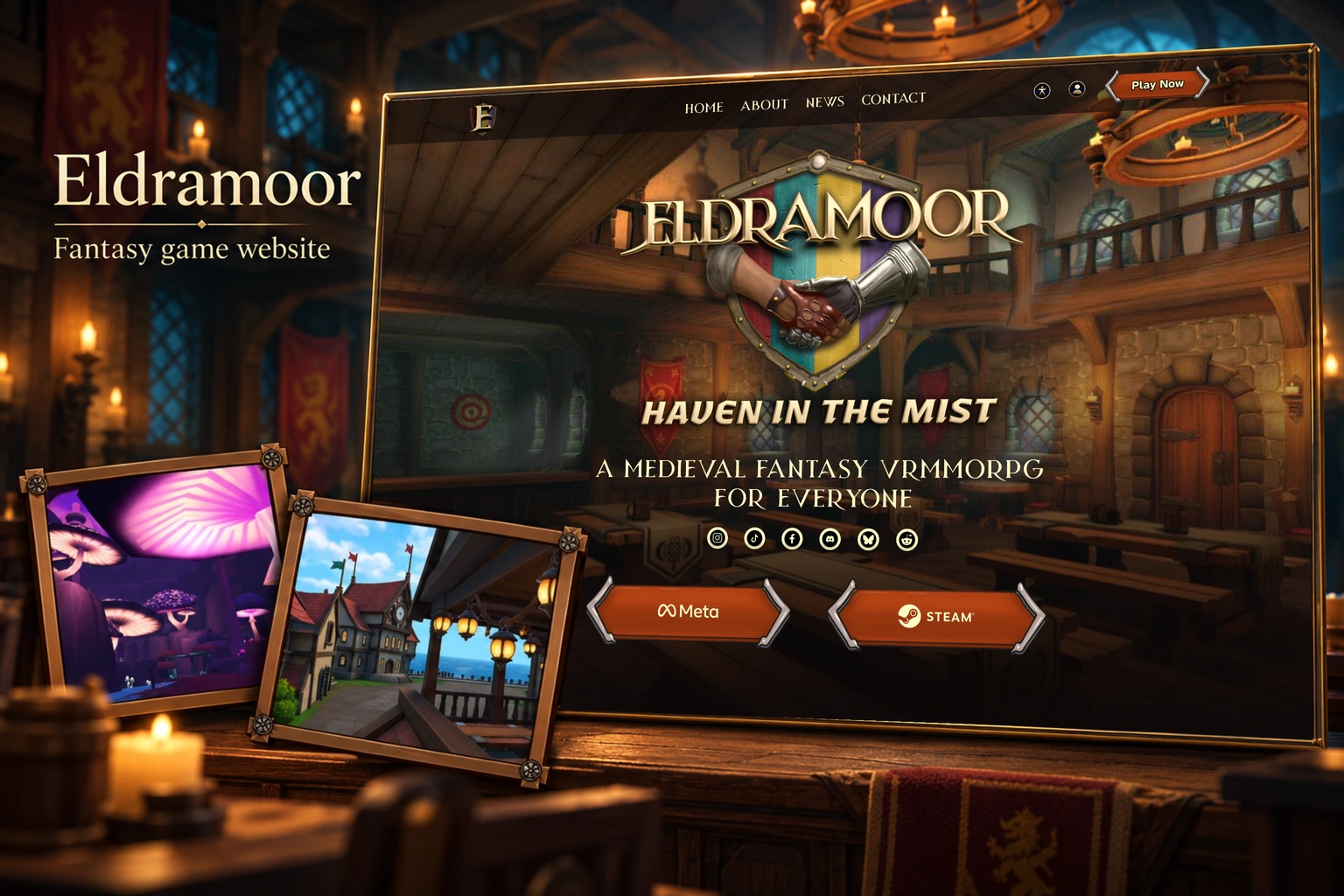 Eldramoor — fantasy game website, presented in a warm tavern composition with framed game-world details