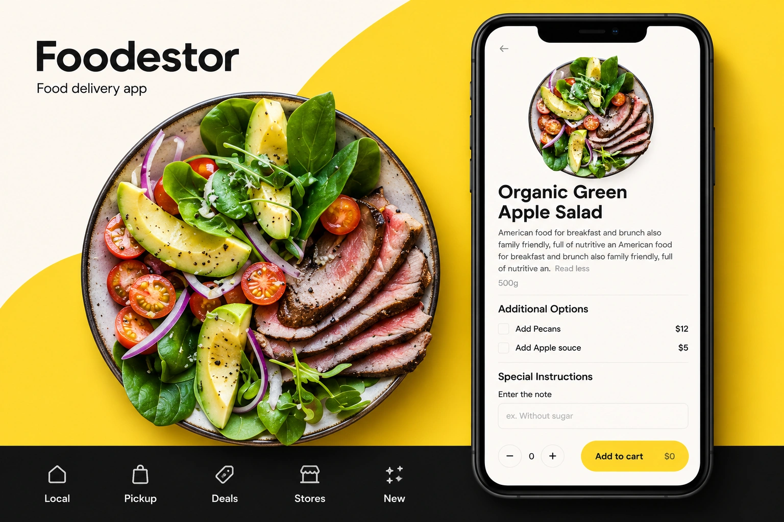 Foodestor — food delivery app design, with a large photographed meal and a clear meal-selection interface framed by a yellow arc on a warm-white background