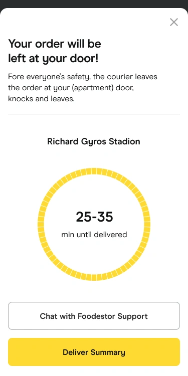 Delivery status — the time estimate, drop-off guidance, support and order summary