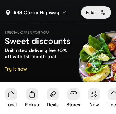 Discovery opening — location, filters, a promotional area and category shortcuts