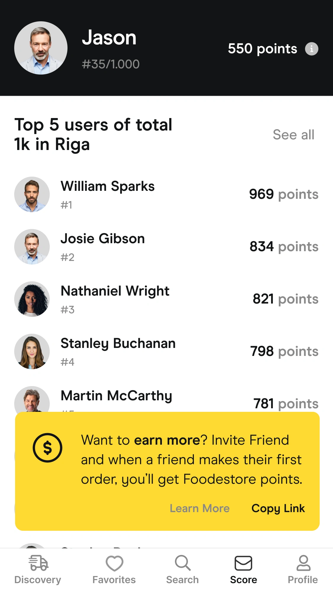 Rewards — a points total, ranked list and referral action