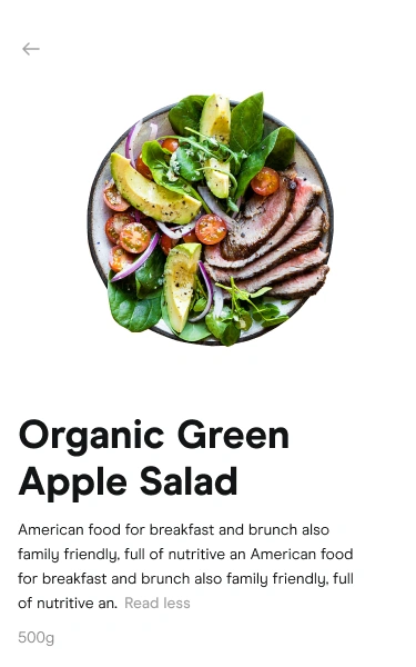 Meal photography, title, description, portion size and the start of additional options