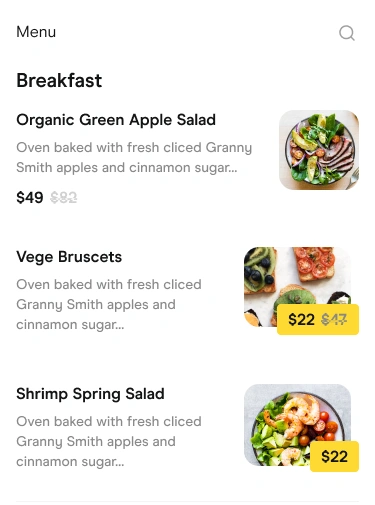Restaurant menu with three dishes, food thumbnails, prices and promotional reductions