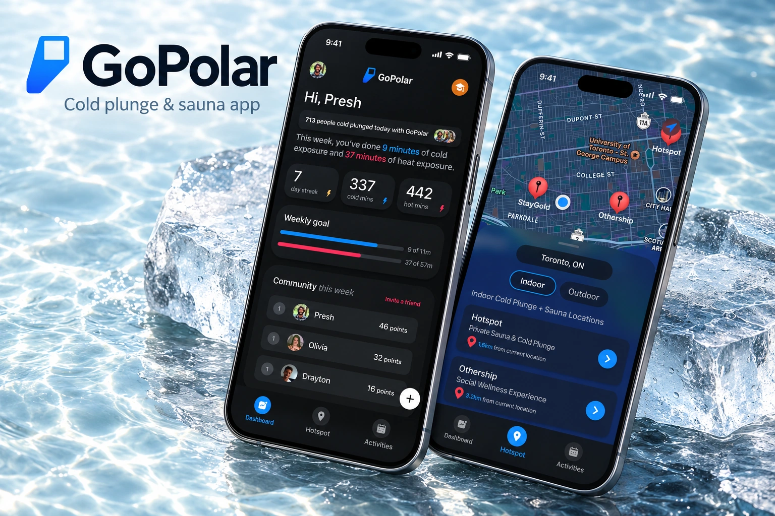 GoPolar — cold plunge and sauna app, with activity dashboard and nearby wellness locations on an ice-blue background