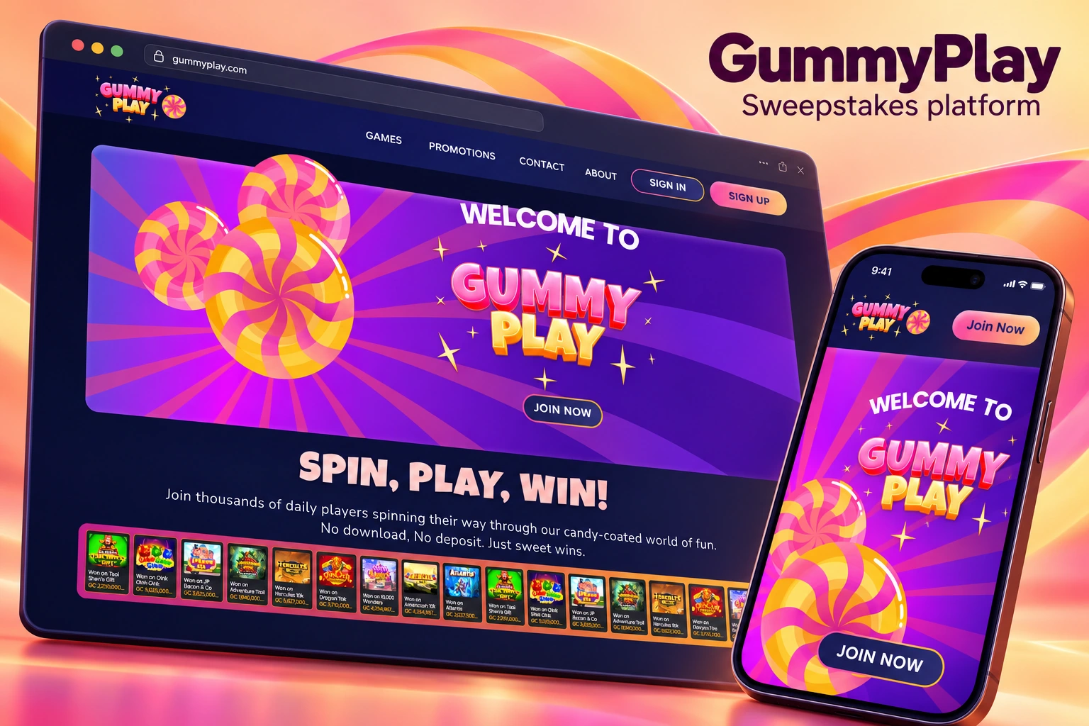 GummyPlay — sweepstakes website, with large desktop and mobile candy-themed interfaces on a warm apricot background