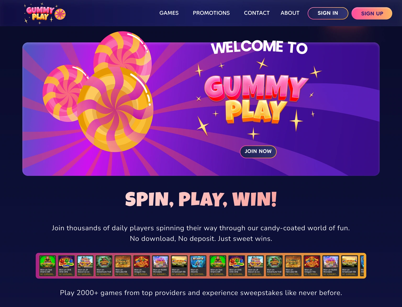 Landing page — candy hero, introduction and activity strip