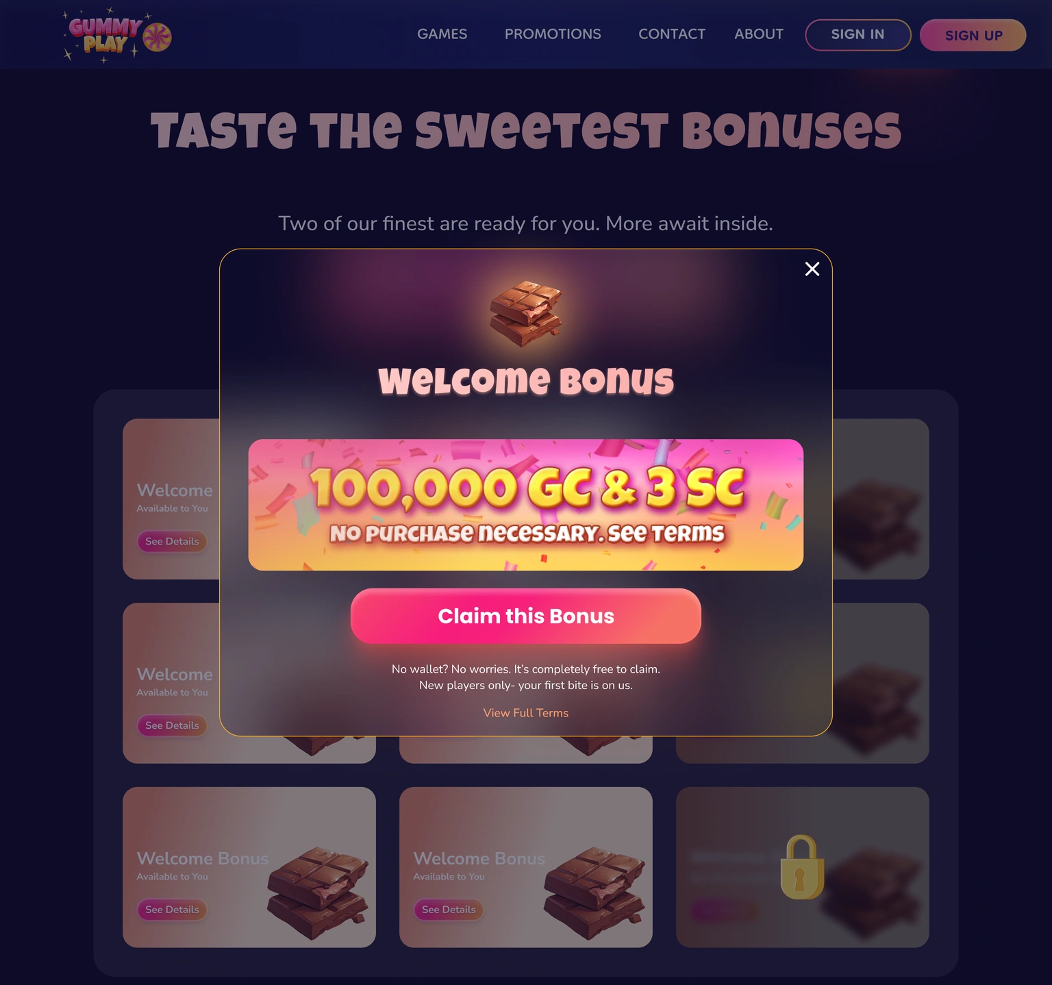 Bonus detail — focused dialog over the dimmed promotion page