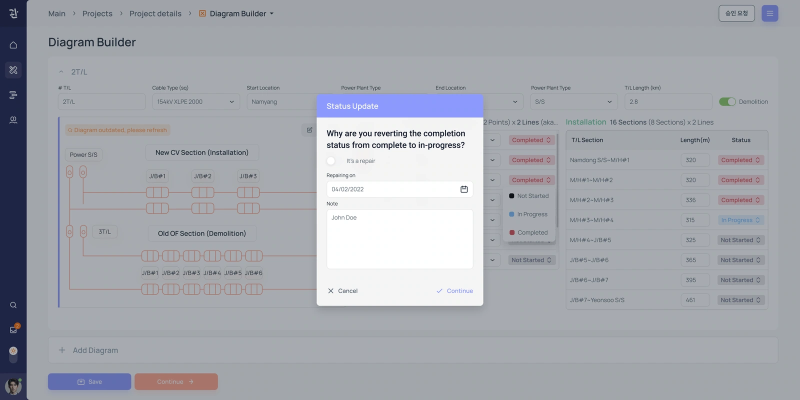 Status update — repair reason, date and note before changing completion state