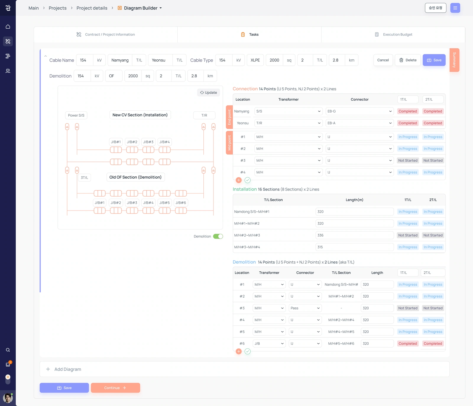 Diagram builder — technical sections, connection settings and progress states